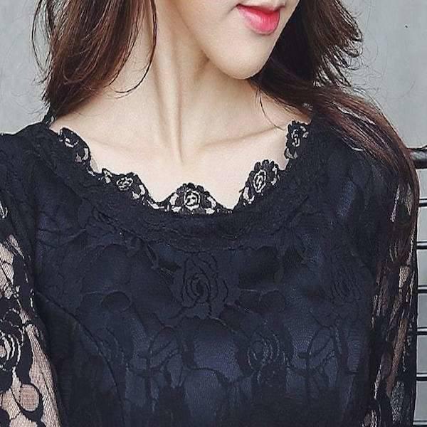 パーティードレス レース サテンスカート ロング ハイネック