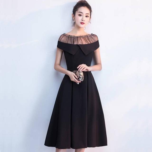 パーティードレス 無地 サテン 半袖 ミモレ丈 膝下丈 ボートネック フレア Aライン ビジュー エレガント パーティー 女子会 結婚式