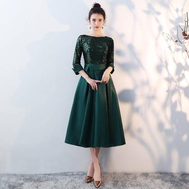 パーティードレス スパンコール 刺繍 サテン ５色 七分袖 ボートネック Aライン 膝下丈 ミディ丈 折り返し 可愛い イブニング パーティードレス スパンコール 刺繍 サテン 5色 七分袖 ボートネック