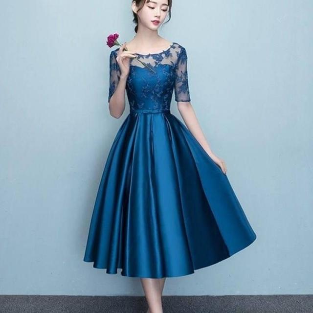 パーティードレス 花柄 刺繍 シースルー レース 半袖 ミディアム 膝下丈 ミディ丈 フレア Ａライン フェミニン エレガント パーティー