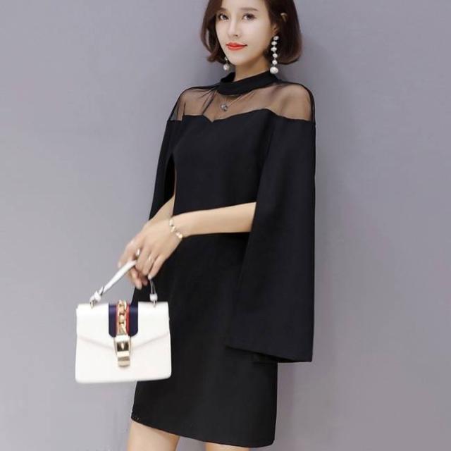 ハイネックワンピース 無地 ショート ブラック 長袖 ミニ丈 大人可愛い 透け感 チュール フェミニン エレガント パーティー 女子会