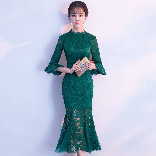 パーティードレス 花柄 レース 七分袖 フレアスリーブ ベルスリーブ レースネック ハイネック マーメイド スリム タイト 膝下丈