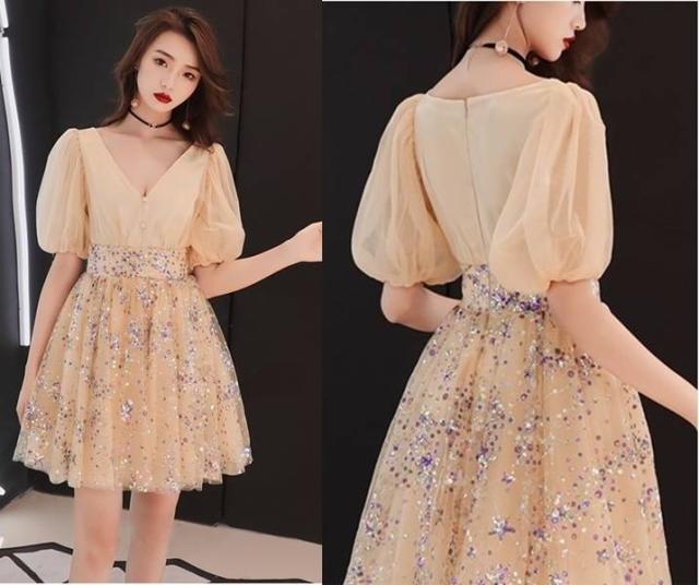 パーティードレス スパンコール Ｖネック 五分袖 ミニ丈 フレア Ａライン バルーン袖 パフスリーブ フェミニン セクシー エレガント パーティードレス スパンコール Vネック 五分袖 ミニ丈 フレア A