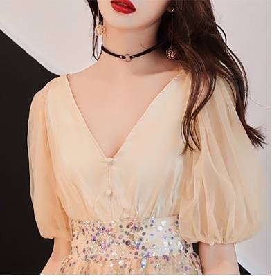 パーティードレス スパンコール Ｖネック 五分袖 ミニ丈 フレア Ａライン バルーン袖 パフスリーブ フェミニン セクシー エレガント パーティードレス スパンコール Vネック 五分袖 ミニ丈 フレア A