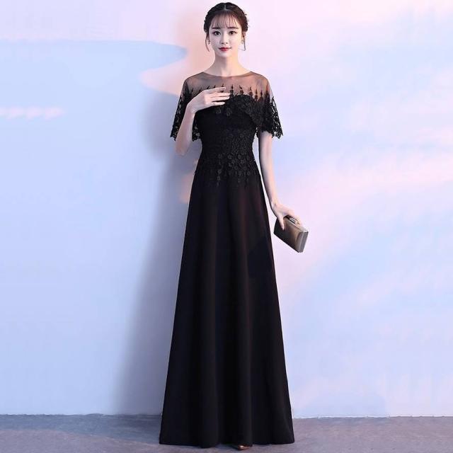 ロングドレス 黒 パーティードレス イブニングドレス 春夏 結婚式 二次会 披露宴 ブラック 大きいサイズ ロング丈 マキシ丈 半袖 袖あり Iライン スレンダーライン 刺繍 レース 花柄 透け感 シースルー ラウンドネック 20代 30代 大人かわいい ボレロ風