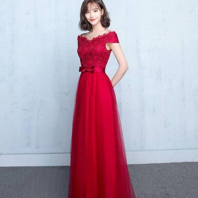 パーティードレス オフショルダー 花柄 Ｖネック レース 肩出し ロング マキシ丈 フレア Ａライン ウエストリボン エレガント