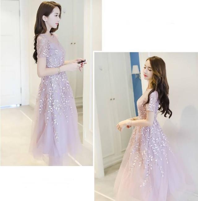 パーティードレス フレア 半袖 刺繍 透け感 Uネック ミモレ丈 ロング