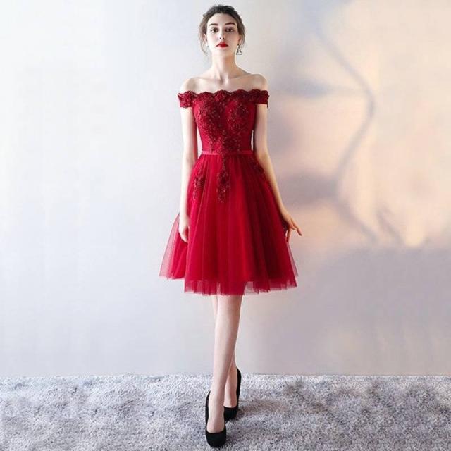 パーティードレス オフショルダー レース 刺繍 チュチュ 膝丈 ミディ丈 フレア Ａライン 可愛い パーティー 女子会 結婚式 二次会