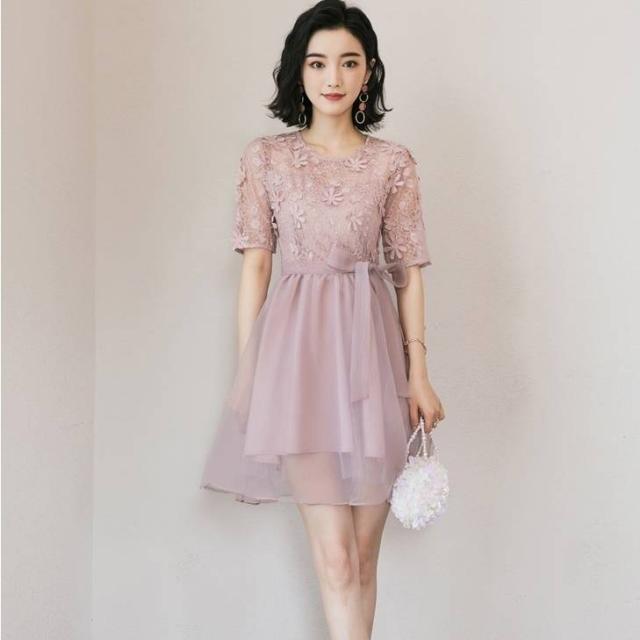 パーティードレス 花柄 レース Ｕネック 半袖 ミニ丈 ショート フレア Ａライン チュール ウエストリボン 可愛い エレガント