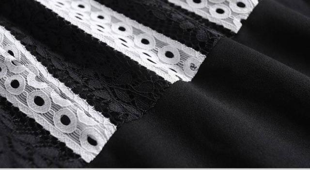 ワンピース 長袖 レース モノトーン バイカラー リボンタイ ストライプ