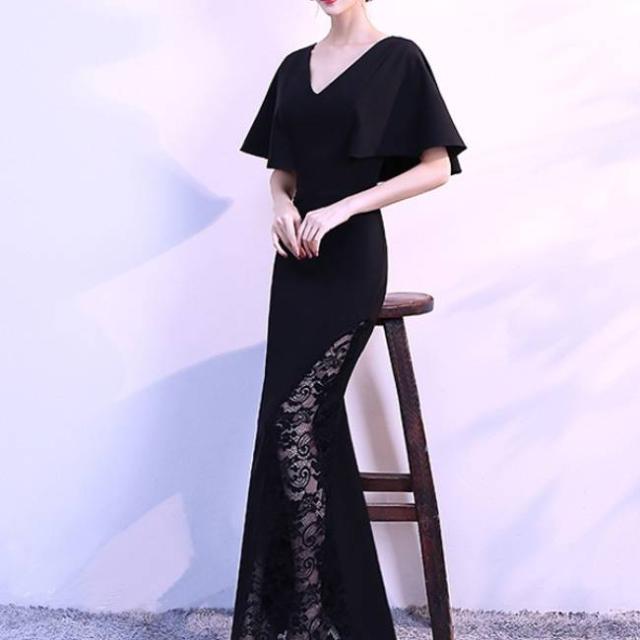 パーティードレス 半袖 Vネック 無地 タイト ロング マキシ タイト 大人 フェミニン エレガント パーティー 女子会 結婚式 二次会