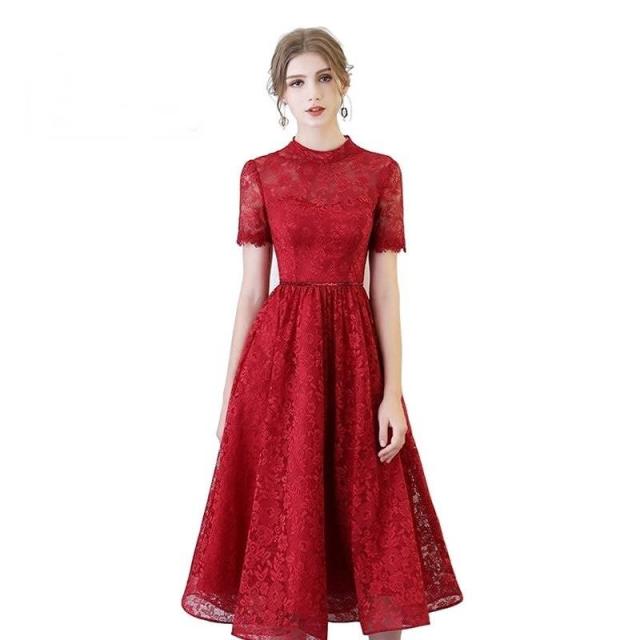 パーティードレス 花柄 レース 刺繍 半袖 膝下丈 ミモレ丈 フレア Ａライン フェミニン エレガント パーティー 女子会 結婚式 二次会