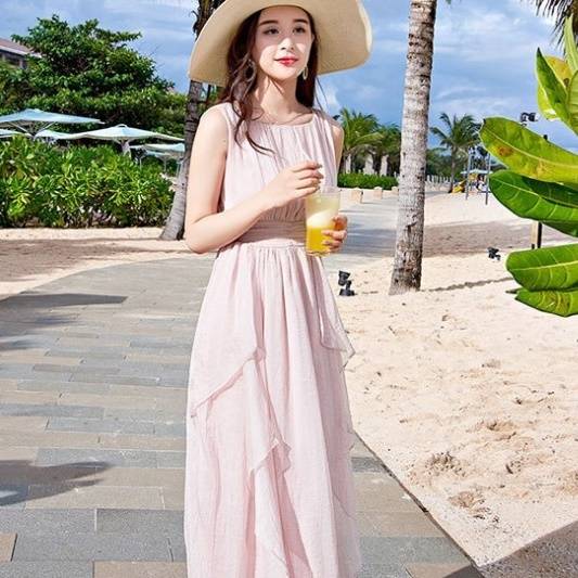ワンピース シフォン リゾート ノースリーブ ロング 無地 Ｕネック フェミニン エレガント パーティー 女子会 お呼ばれ ワンピース