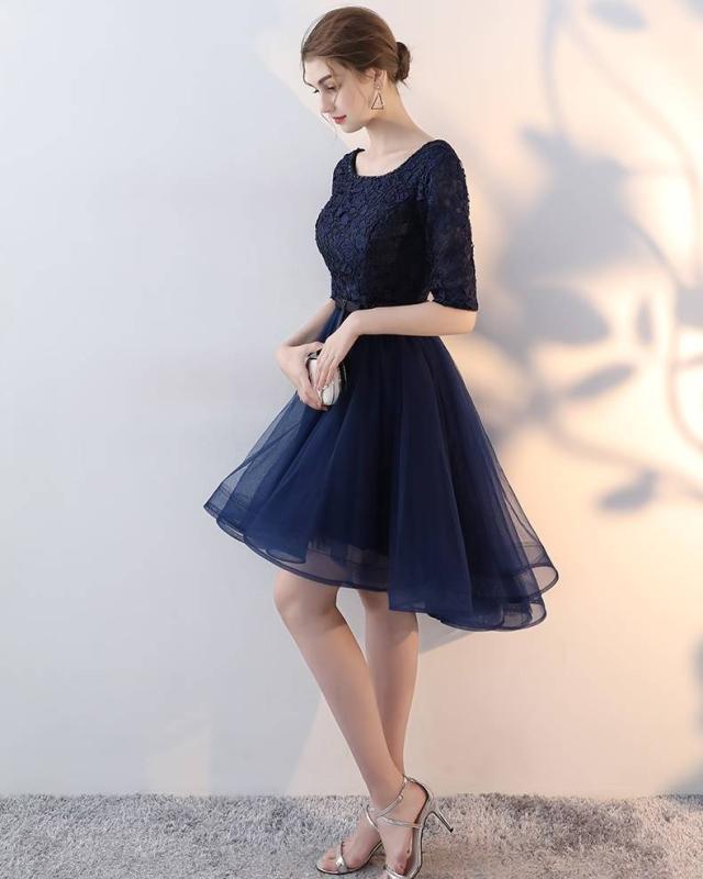 パーティードレス レース 5分袖 フィッシュテール フレア Ａライン ミニ丈 チュール ウエストマーク フェミニン エレガント パーティー パーティードレス レース 5分袖 フィッシュテール フレア Aライン