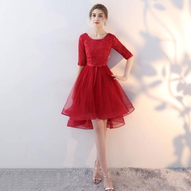 パーティードレス レース 5分袖 フィッシュテール フレア Aライン