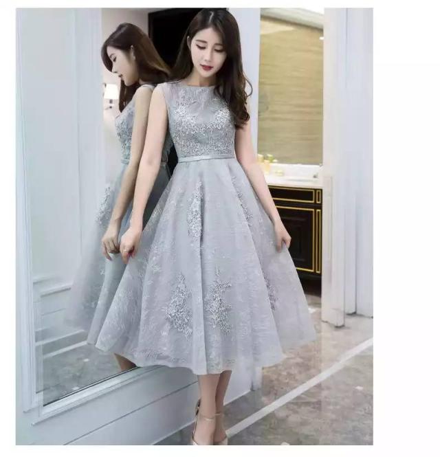 パーティードレス 花柄 レース ノースリーブ ラウンドネック フレア A