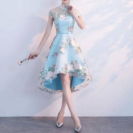 パーティードレス 二次会 お呼ばれ 謝恩会 演奏会 大きいサイズ ゆったり大きいサイズ ひざ丈 半袖 S袖あり 刺繍 着痩せ 個性的 フィッシュテール 花柄 レース ハイネック 20代 30代 春 夏 大人可愛い フェミニン バラ 薔薇 チャイナ ミニドレス 結婚式 女子会 同窓会