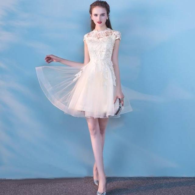 パーティードレス 刺繍 花柄 レース2色 2パターン ノースリーブ 半袖