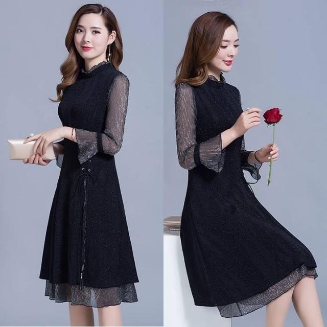 ワンピース ドレス バイカラー 長袖 フリル ハイネック フリルネック 膝丈 ミディ丈 タッセル フレア Ａライン 透け感 フェミニン