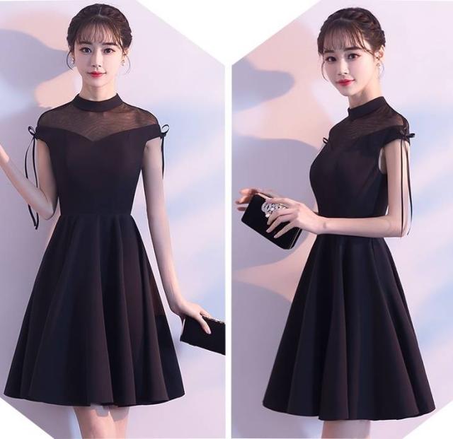 パーティードレス 無地 半袖 リボン ハイネック ミニ丈 ショート