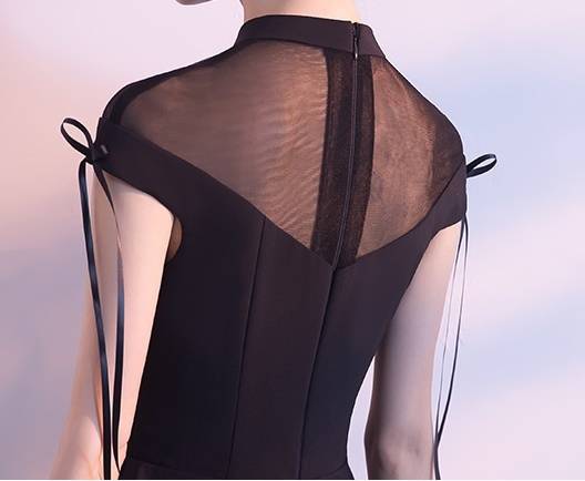 パーティードレス 無地 半袖 リボン ハイネック ミニ丈 ショート