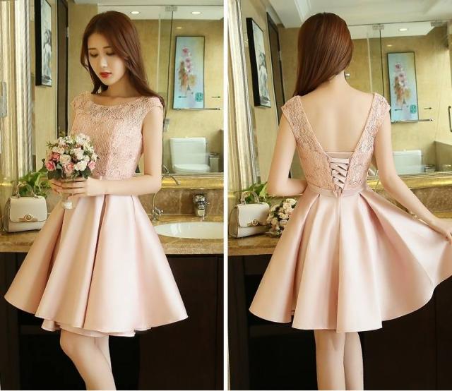 パーティードレス ワンピースドレス 春夏 デート 女子会 記念日 ピンク シャンパン 大きいサイズ ひざ丈 フレンチスリーブ 半袖 袖あり Aライン Xライン フレア 刺繍 レース 花柄 透け感 シースルー ラウンドネック 20代 30代 大人かわいい フェミニン ガーリー パーティードレス ワンピースドレス 春夏 デート 女子会 記念日 ピンク