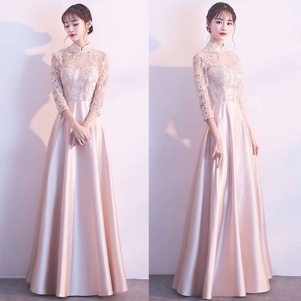 ロングドレス 黒 パーティードレス イブニングドレス 春夏 結婚式 二次会 披露宴 ブラック 大きいサイズ ロング丈 マキシ丈 七分袖  袖あり Aライン フレア 刺繍 レース 花柄 光沢感  ハイネック 20代 フォーマル フェミニン ガーリー