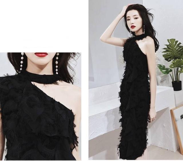 パーティードレス ホルターネック ワンショルダー フリンジ
