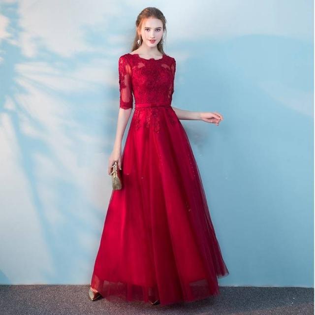 パーティードレス 花柄 五分袖 半袖 Ｕネック ロング ウエストマーク フレア チュール Ａライン マキシ丈 フェミニン エレガント