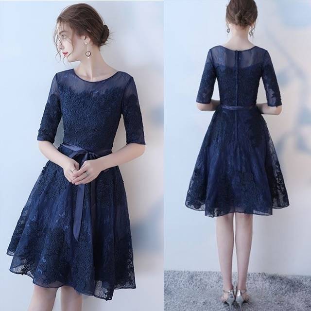 パーティードレス 花柄 レース 五分袖 ラウンドネック ウエストリボン