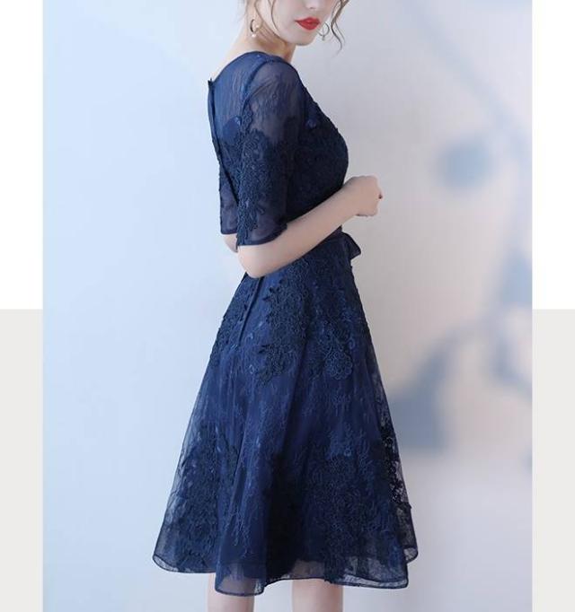 パーティードレス 花柄 レース 五分袖 ラウンドネック ウエストリボン ウエストマーク 透け感 フレア Ａライン 膝丈 ミ ディ丈 ４色 パーティードレス 花柄 レース 五分袖 ラウンドネック ウエストリボン