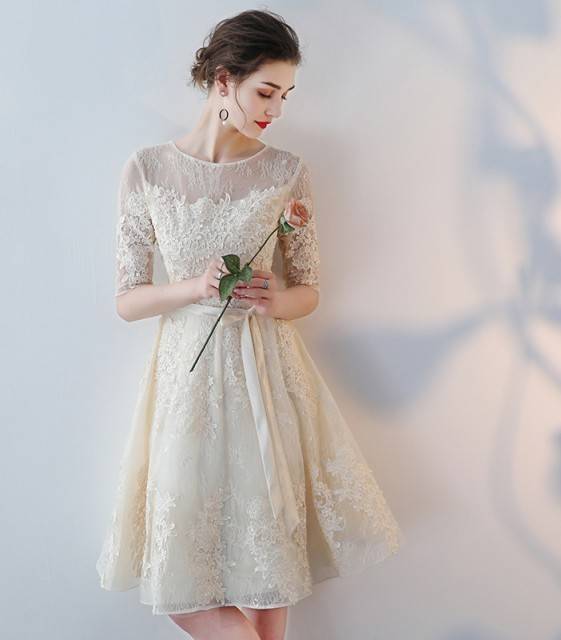 パーティードレス 花柄 レース 五分袖 ラウンドネック ウエストリボン ウエストマーク 透け感 フレア Ａライン 膝丈 ミ ディ丈 ４色 パーティードレス 花柄 レース 五分袖 ラウンドネック ウエストリボン