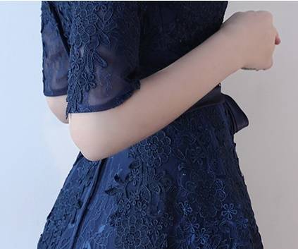 パーティードレス 花柄 レース 五分袖 ラウンドネック ウエストリボン