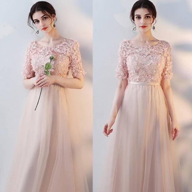 パーティードレス 花柄 半袖 ロング ミモレ丈 Uネック ウエストマーク