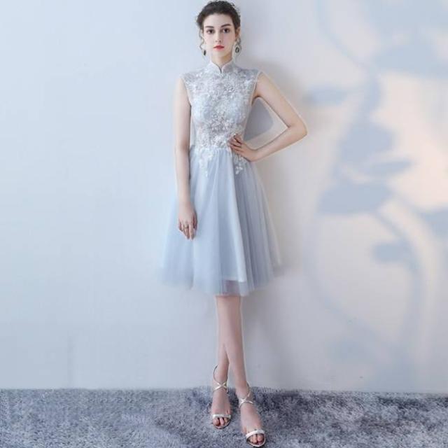 パーティードレス 花柄 刺繍 チュチュ ノースリーブ ２タイプ Vネック スタンドカラー フレア Aライン 膝丈 ミディ丈 フェミニン