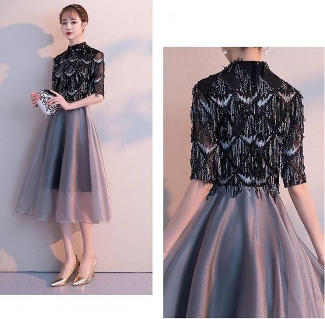 ロングドレス 黒 パーティードレス イブニングドレス 春夏 結婚式