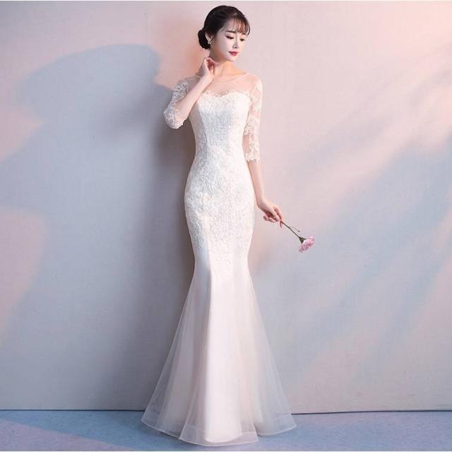 パーティードレス レース 花柄 七分袖 Ｕネック 透け感 マーメイド ロング マキシ丈 スリム エレガント パーティー 女子会 結婚式