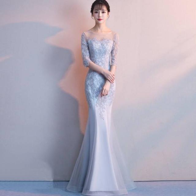パーティードレス レース 花柄 七分袖 Ｕネック 透け感 マーメイド ロング マキシ丈 スリム エレガント パーティー 女子会 結婚式 パーティードレス レース 花柄 七分袖 Uネック 透け感 マーメイド