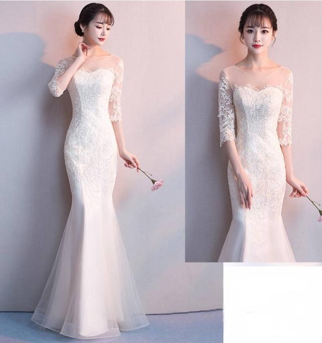 パーティードレス レース 花柄 七分袖 Uネック 透け感 マーメイド