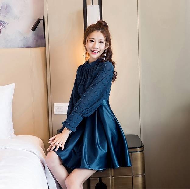 ワンピースドレス シフォン ハイネック ドット 水玉 長袖 パフスリーブ