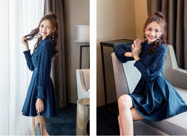 ワンピースドレス シフォン ハイネック ドット 水玉 長袖 パフスリーブ