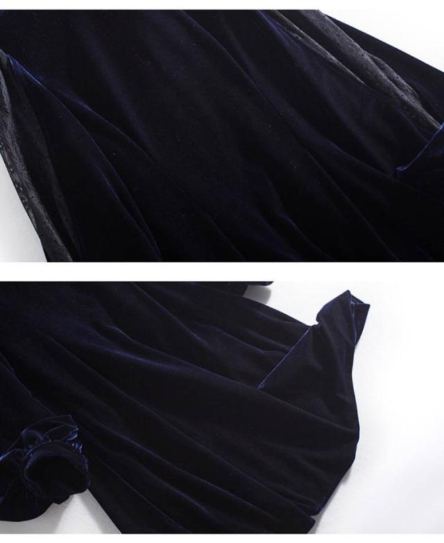 パーティードレス ベルベット レース切替 ビジュー ハイネック 長袖 異