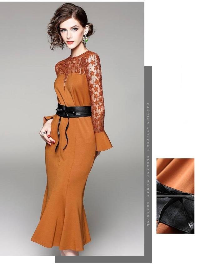 パーティードレス レース切替 花柄 透け感 ラウンドネック 長袖 袖口