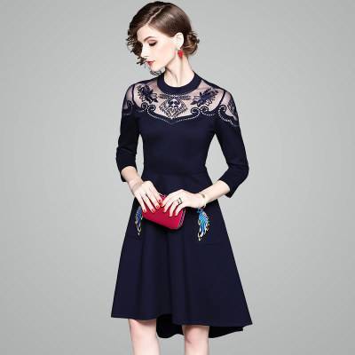 ロングドレス パーティードレス ワンピースドレス 春夏 デート 食事会 謝恩会 ネイビー レッド 大きいサイズ ひざ丈 ミニ丈 長袖 袖あり Aライン フィッシュテール フレア 刺繍 レース 花柄 透け感 ラウンドネック 20代 30代 大人かわいい