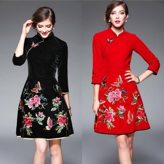 ワンピース チャイナドレス風 刺繍 ミニ丈 チャイナカラー ２色 七分袖 フレア Aライン フェミニン エレガント お出掛け パーティー