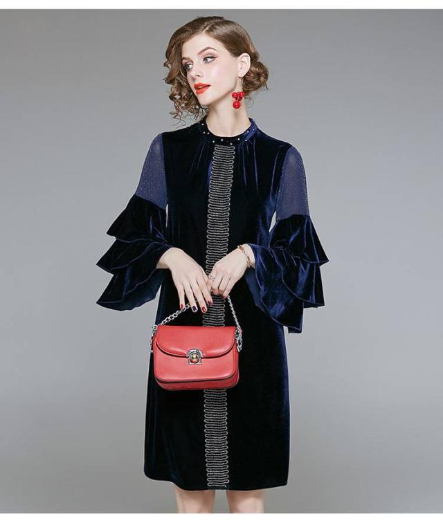 ワンピース ベルベット フリル ビジュー 切替 七分袖 ミニ丈