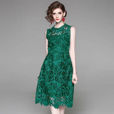 ドレス 総レース 3色 ラウンドネック ノースリーブ ミディ丈 膝丈 フレア Aライン フェミニン エレガント パーティー 女子会 結婚式