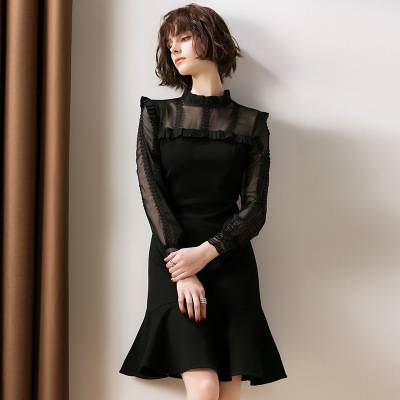 ドレス シースルー切替 長袖 レース フレア マーメイド ミニ丈 フリル ハイネック フリルネック 可愛い キュート フェミニン