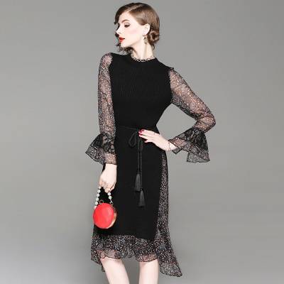 ワンピース ニット シフォン 異素材ミックス 長袖 ベルスリーブ 透け感 膝下丈 フレア ウエストリボン ウエストマーク フェミニン