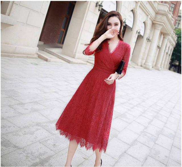 Vネック ハイウエスト レース ワンピース Aライン 七分袖 エレガント